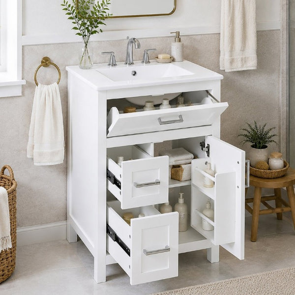 English Elm 24 Inch Bathroom Vanity Solid Wood MDF Cabinet Ceramic Sink Silver Modern Storage White N729P488873K