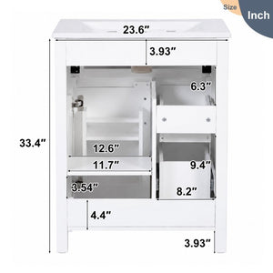 English Elm 24 Inch Bathroom Vanity Solid Wood MDF Cabinet Ceramic Sink Silver Modern Storage White N729P488873K