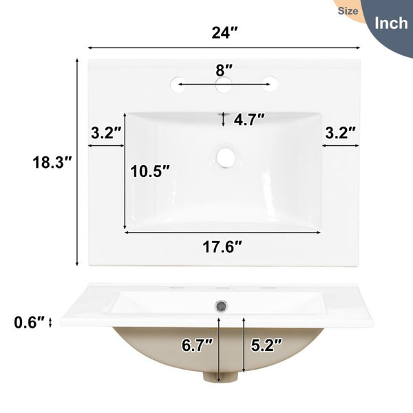 English Elm 24 Inch Bathroom Vanity Solid Wood MDF Cabinet Ceramic Sink Silver Modern Storage White N729P488873K
