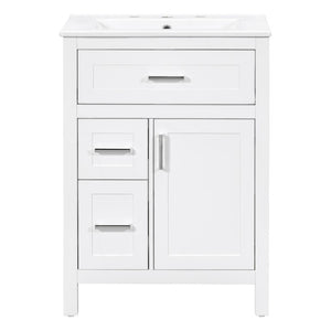 English Elm 24 Inch Bathroom Vanity Solid Wood MDF Cabinet Ceramic Sink Silver Modern Storage White N729P488873K