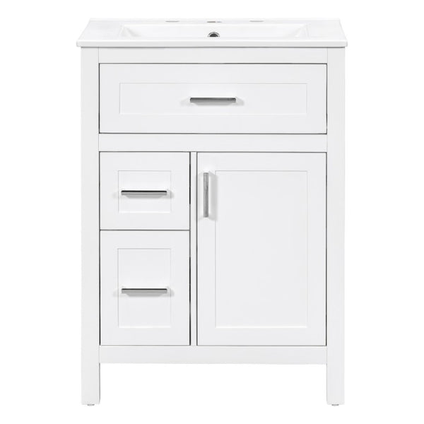 English Elm 24 Inch Bathroom Vanity Solid Wood MDF Cabinet Ceramic Sink Silver Modern Storage White N729P488873K