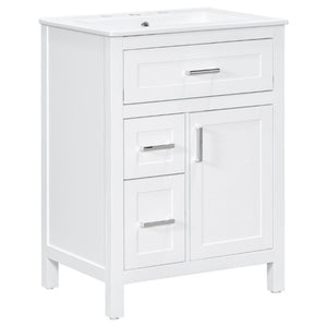 English Elm 24 Inch Bathroom Vanity Solid Wood MDF Cabinet Ceramic Sink Silver Modern Storage White N729P488873K