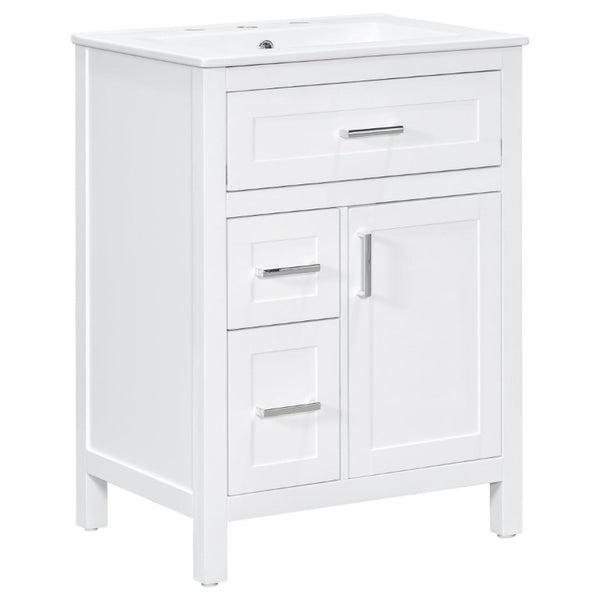 English Elm 24 Inch Bathroom Vanity Solid Wood MDF Cabinet Ceramic Sink Silver Modern Storage White N729P488873K