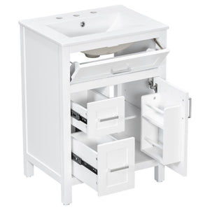 English Elm 24 Inch Bathroom Vanity Solid Wood MDF Cabinet Ceramic Sink Silver Modern Storage White N729P488873K
