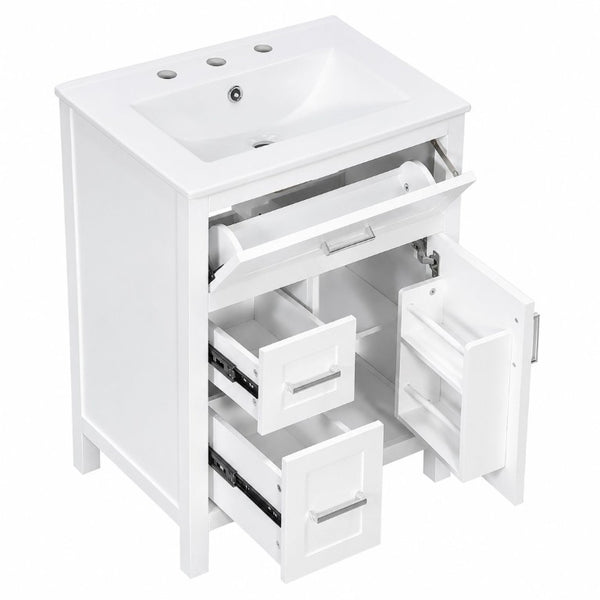 English Elm 24 Inch Bathroom Vanity Solid Wood MDF Cabinet Ceramic Sink Silver Modern Storage White N729P488873K