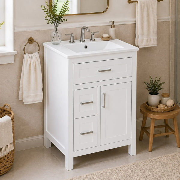 English Elm 24 Inch Bathroom Vanity Solid Wood MDF Cabinet Ceramic Sink Silver Modern Storage White N729P488873K