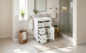 English Elm 24 Inch Bathroom Vanity Solid Wood MDF Cabinet Ceramic Sink Silver Modern Storage White N729P488873K