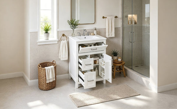 English Elm 24 Inch Bathroom Vanity Solid Wood MDF Cabinet Ceramic Sink Silver Modern Storage White N729P488873K