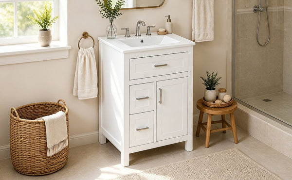 English Elm 24 Inch Bathroom Vanity Solid Wood MDF Cabinet Ceramic Sink Silver Modern Storage White N729P488873K