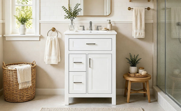 English Elm 24 Inch Bathroom Vanity Solid Wood MDF Cabinet Ceramic Sink Silver Modern Storage White N729P488873K