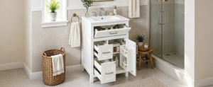 English Elm 24 Inch Bathroom Vanity Solid Wood MDF Cabinet Ceramic Sink Silver Modern Storage White N729P488873K