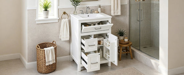 English Elm 24 Inch Bathroom Vanity Solid Wood MDF Cabinet Ceramic Sink Silver Modern Storage White N729P488873K