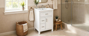 English Elm 24 Inch Bathroom Vanity Solid Wood MDF Cabinet Ceramic Sink Silver Modern Storage White N729P488873K