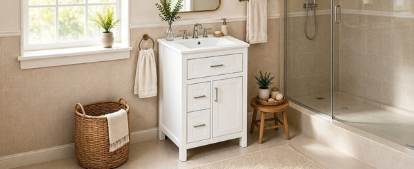 English Elm 24 Inch Bathroom Vanity Solid Wood MDF Cabinet Ceramic Sink Silver Modern Storage White N729P488873K