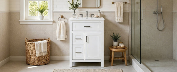 English Elm 24 Inch Bathroom Vanity Solid Wood MDF Cabinet Ceramic Sink Silver Modern Storage White N729P488873K