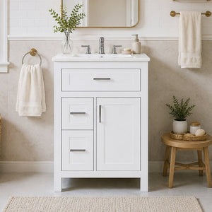 English Elm 24 Inch Bathroom Vanity Solid Wood MDF Cabinet Ceramic Sink Silver Modern Storage White N729P488873K