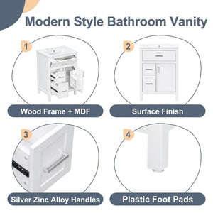 English Elm 24 Inch Bathroom Vanity Solid Wood MDF Cabinet Ceramic Sink Silver Modern Storage White N729P488873K