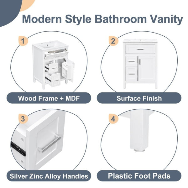 English Elm 24 Inch Bathroom Vanity Solid Wood MDF Cabinet Ceramic Sink Silver Modern Storage White N729P488873K