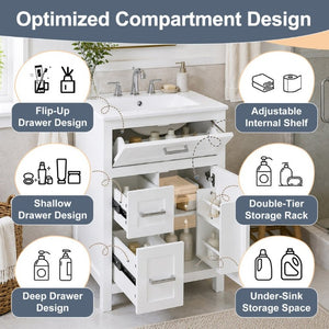 English Elm 24 Inch Bathroom Vanity Solid Wood MDF Cabinet Ceramic Sink Silver Modern Storage White N729P488873K