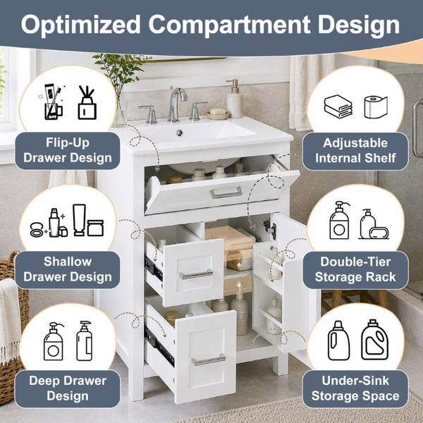 English Elm 24 Inch Bathroom Vanity Solid Wood MDF Cabinet Ceramic Sink Silver Modern Storage White N729P488873K