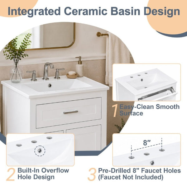 English Elm 24 Inch Bathroom Vanity Solid Wood MDF Cabinet Ceramic Sink Silver Modern Storage White N729P488873K