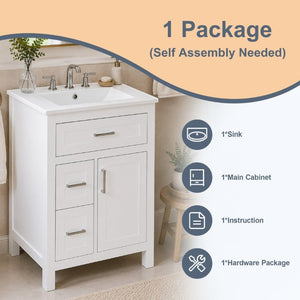 English Elm 24 Inch Bathroom Vanity Solid Wood MDF Cabinet Ceramic Sink Silver Modern Storage White N729P488873K