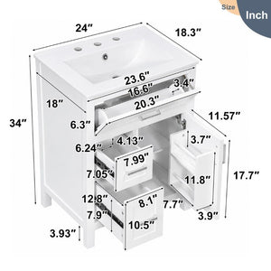 English Elm 24 Inch Bathroom Vanity Solid Wood MDF Cabinet Ceramic Sink Silver Modern Storage White N729P488873K