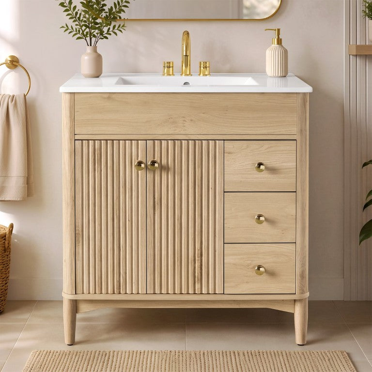 English Elm Video 30 Inch Freestanding Bathroom Vanity with Ceramic Sink Gold Hardware Soft Close N729P512880N