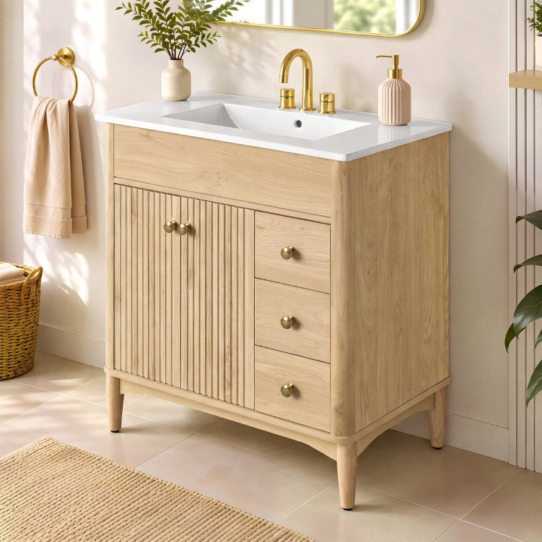English Elm Video 30 Inch Freestanding Bathroom Vanity with Ceramic Sink Gold Hardware Soft Close N729P512880N