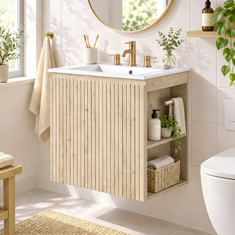 English Elm Video 24 Inch Floating Bathroom Vanity with Ceramic Sink Soft Close Doors Wood Grain N729P512888N