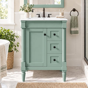 English Elm 24 Inch Modern Bathroom Vanity Solid Pine Cabinet Ceramic Sink Soft Close Storage Green N729P515976F