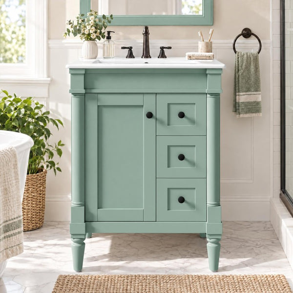 English Elm 24 Inch Modern Bathroom Vanity Solid Pine Cabinet Ceramic Sink Soft Close Storage Green N729P515976F