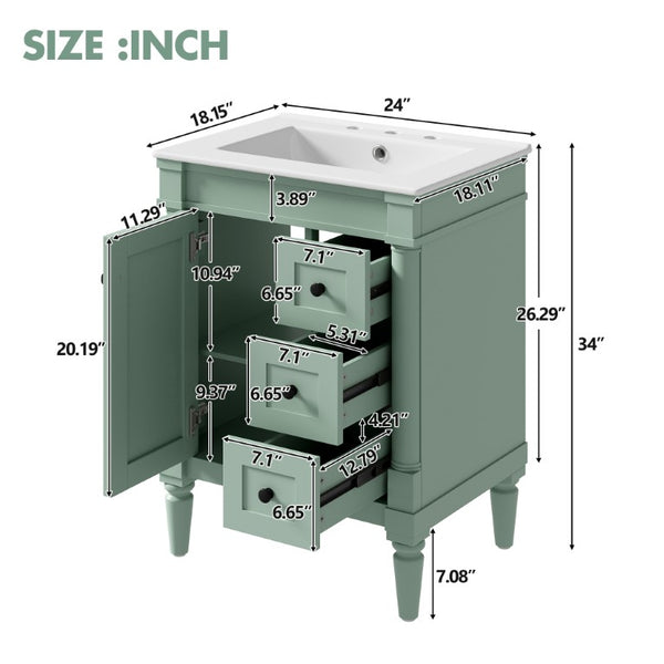 English Elm 24 Inch Modern Bathroom Vanity Solid Pine Cabinet Ceramic Sink Soft Close Storage Green N729P515976F