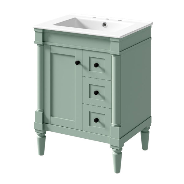 English Elm 24 Inch Modern Bathroom Vanity Solid Pine Cabinet Ceramic Sink Soft Close Storage Green N729P515976F