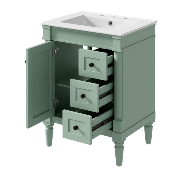 English Elm 24 Inch Modern Bathroom Vanity Solid Pine Cabinet Ceramic Sink Soft Close Storage Green N729P515976F