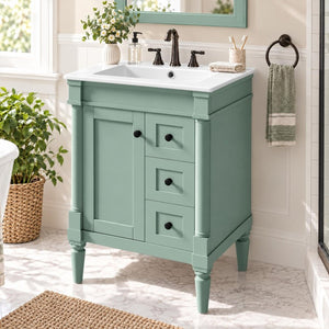 English Elm 24 Inch Modern Bathroom Vanity Solid Pine Cabinet Ceramic Sink Soft Close Storage Green N729P515976F