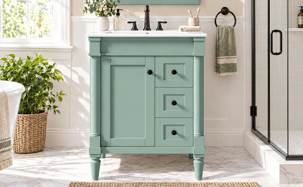 English Elm 24 Inch Modern Bathroom Vanity Solid Pine Cabinet Ceramic Sink Soft Close Storage Green N729P515976F