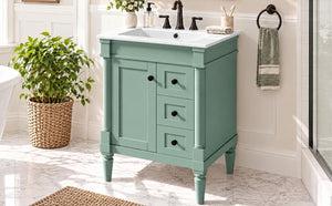 English Elm 24 Inch Modern Bathroom Vanity Solid Pine Cabinet Ceramic Sink Soft Close Storage Green N729P515976F
