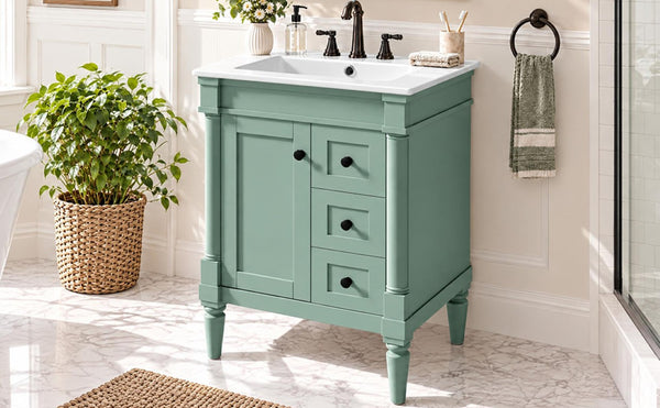 English Elm 24 Inch Modern Bathroom Vanity Solid Pine Cabinet Ceramic Sink Soft Close Storage Green N729P515976F