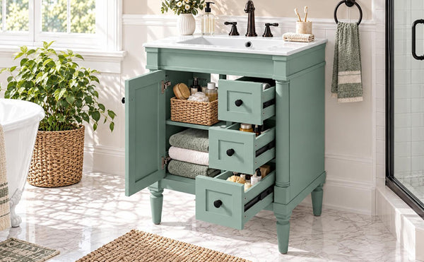 English Elm 24 Inch Modern Bathroom Vanity Solid Pine Cabinet Ceramic Sink Soft Close Storage Green N729P515976F