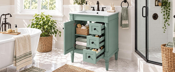English Elm 24 Inch Modern Bathroom Vanity Solid Pine Cabinet Ceramic Sink Soft Close Storage Green N729P515976F