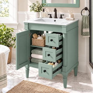 English Elm 24 Inch Modern Bathroom Vanity Solid Pine Cabinet Ceramic Sink Soft Close Storage Green N729P515976F