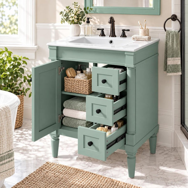English Elm 24 Inch Modern Bathroom Vanity Solid Pine Cabinet Ceramic Sink Soft Close Storage Green N729P515976F
