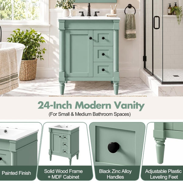 English Elm 24 Inch Modern Bathroom Vanity Solid Pine Cabinet Ceramic Sink Soft Close Storage Green N729P515976F