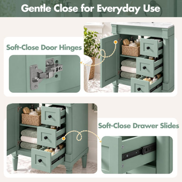 English Elm 24 Inch Modern Bathroom Vanity Solid Pine Cabinet Ceramic Sink Soft Close Storage Green N729P515976F