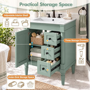 English Elm 24 Inch Modern Bathroom Vanity Solid Pine Cabinet Ceramic Sink Soft Close Storage Green N729P515976F