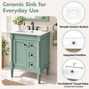 English Elm 24 Inch Modern Bathroom Vanity Solid Pine Cabinet Ceramic Sink Soft Close Storage Green N729P515976F