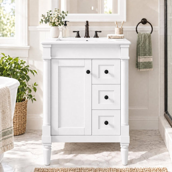 English Elm 24 Inch Modern Bathroom Vanity Solid Pine Cabinet Ceramic Sink Soft Close Storage White N729P515976K
