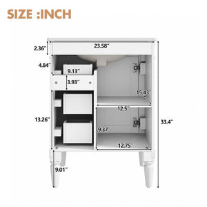 English Elm 24 Inch Modern Bathroom Vanity Solid Pine Cabinet Ceramic Sink Soft Close Storage White N729P515976K
