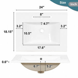 English Elm 24 Inch Modern Bathroom Vanity Solid Pine Cabinet Ceramic Sink Soft Close Storage White N729P515976K